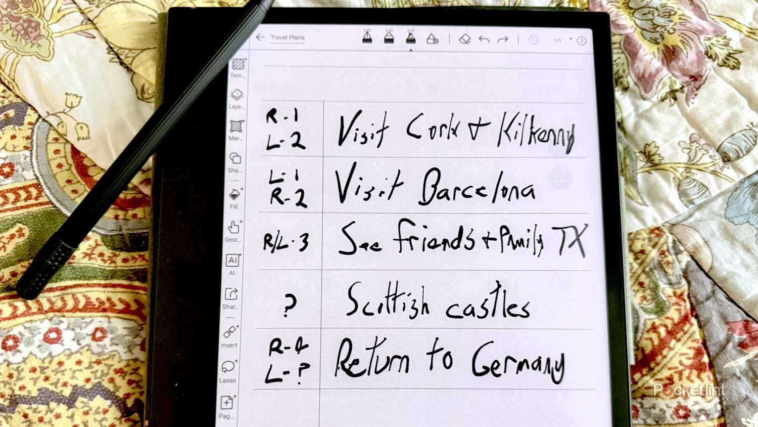 Brainstorming travel ideas on a Boox Note Air4 C.