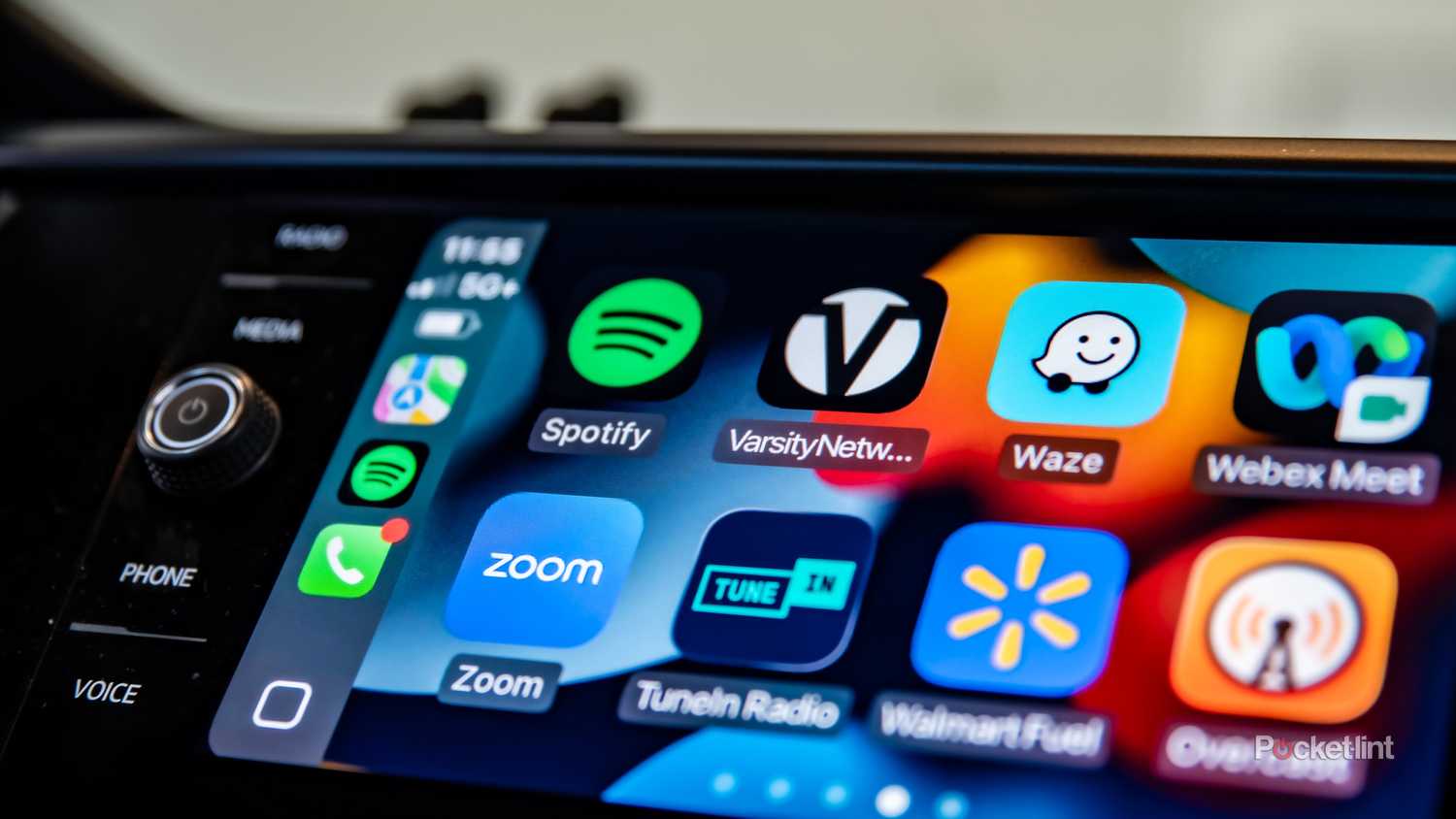 A still photo showcasing the Varsity Network app on a CarPlay screen.