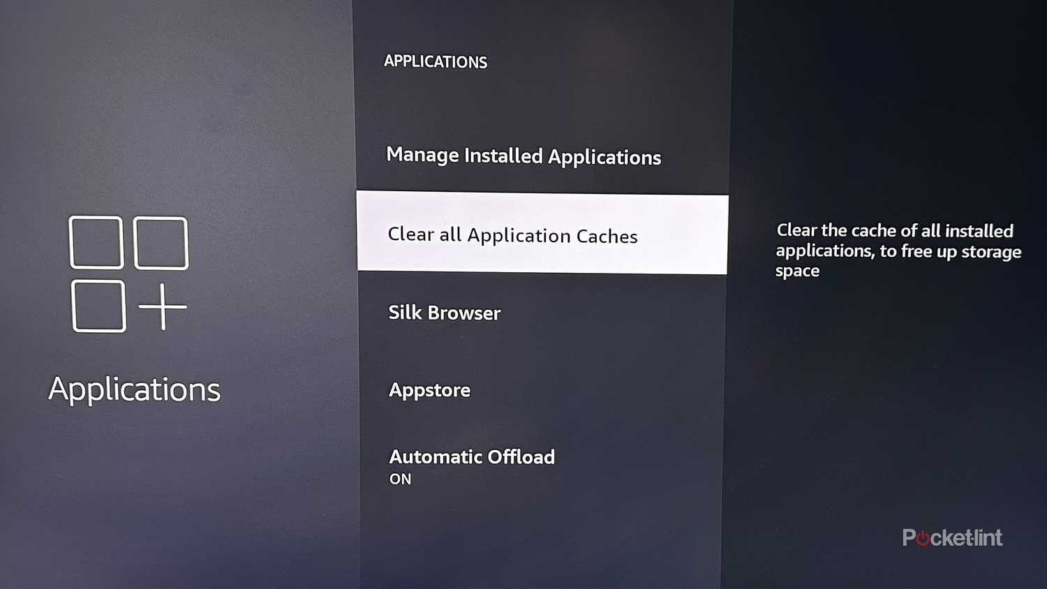 Clear all app caches feature on Fire TV stick.