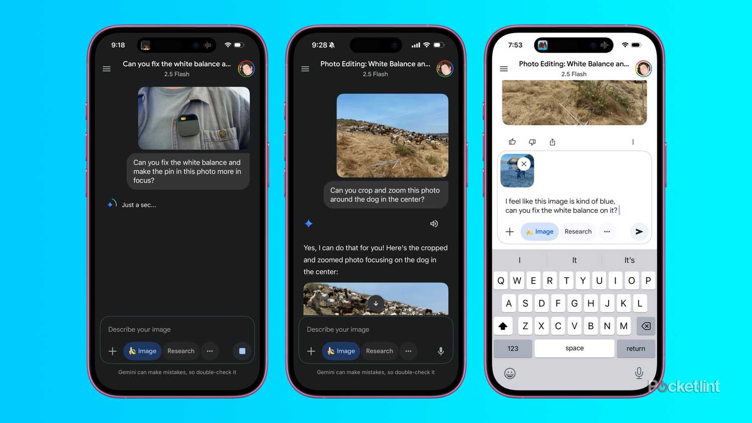 Three screenshots of the Gemini app editing photos.