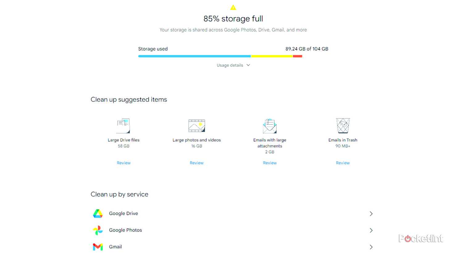 Storage clean-up options in Google One.