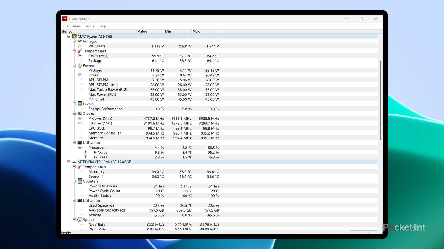 HWMonitor app on Windows 11.