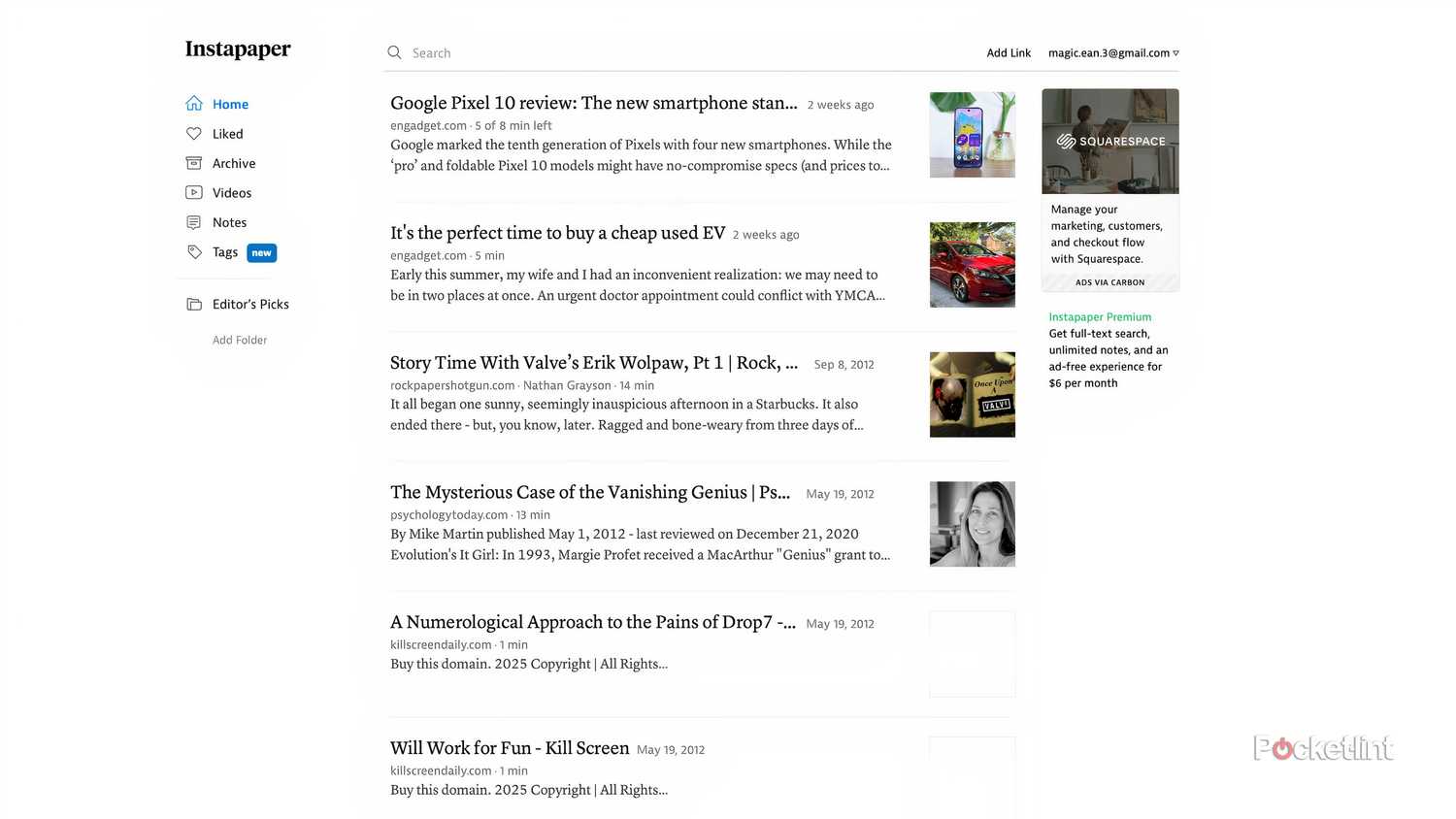 A screenshot of the main library screen from Instapaper.