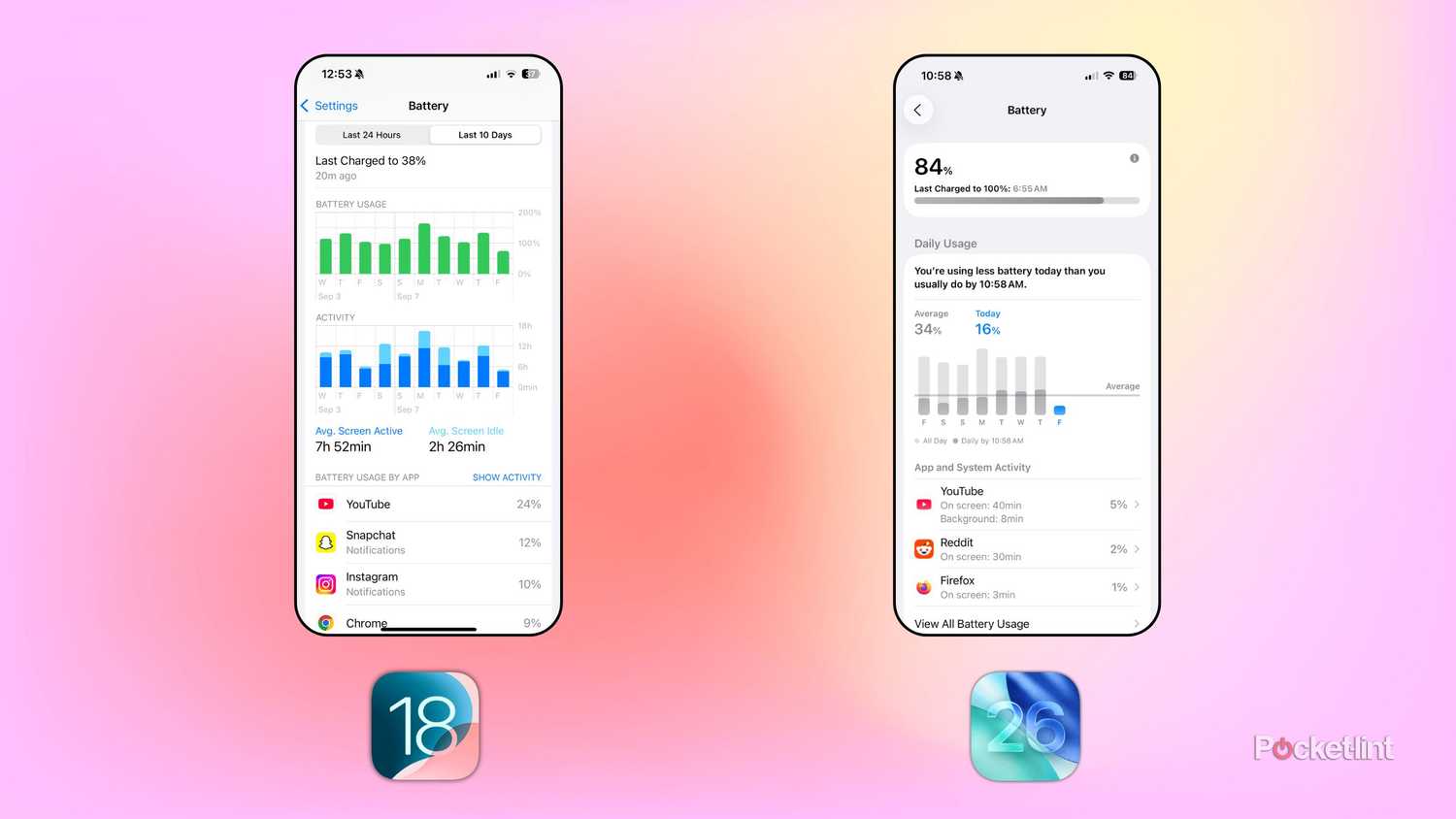 iOS 18 and iOS 26 battery screenshots