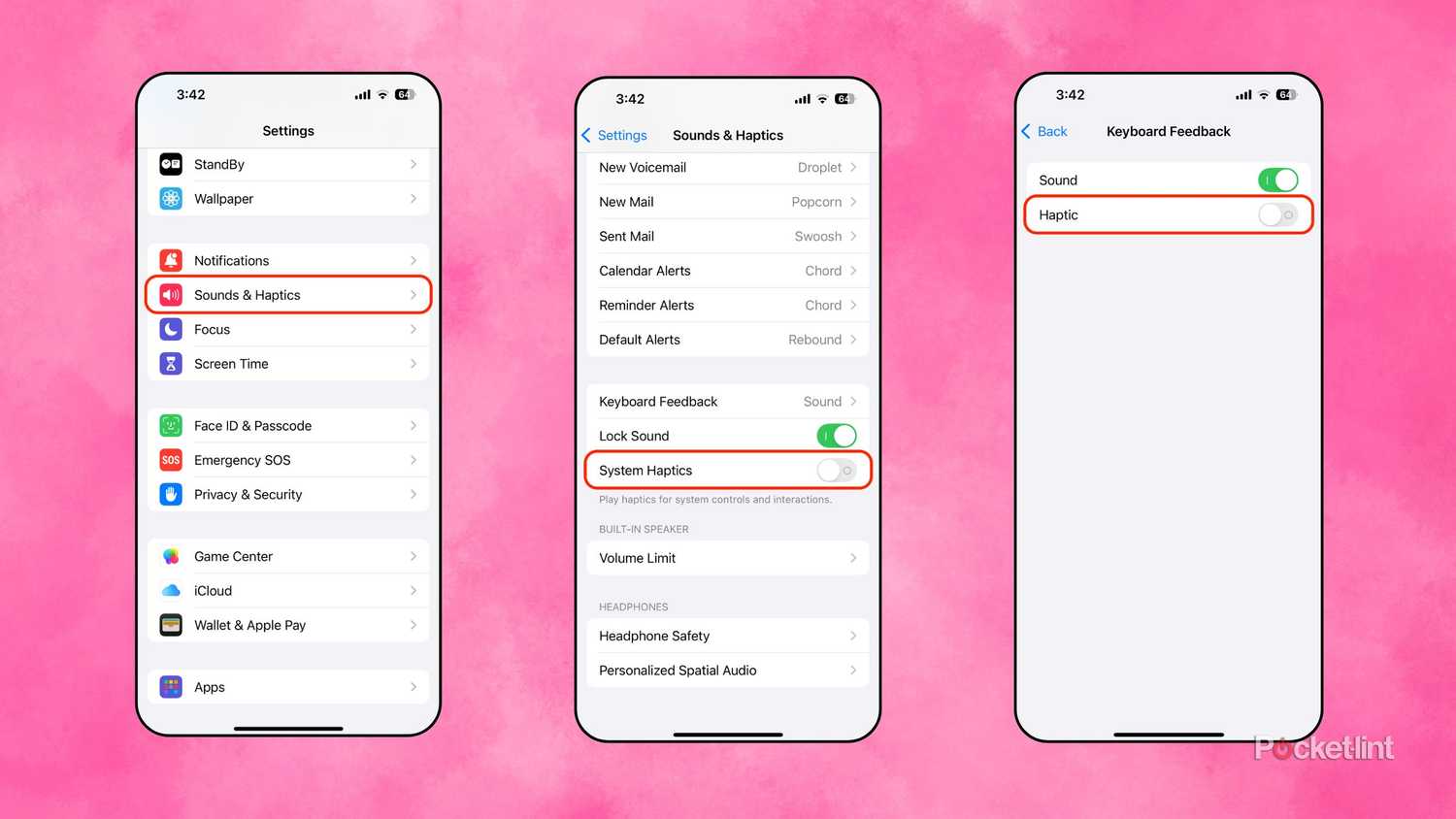 iOS 18 turn off haptic feedback screenshots