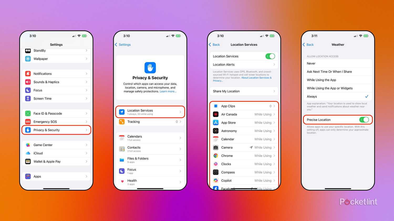 iOS Precise Location settings screenshots