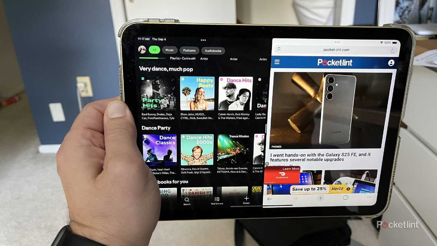 Spotify and Pocket-lint in Split View on an iPad.