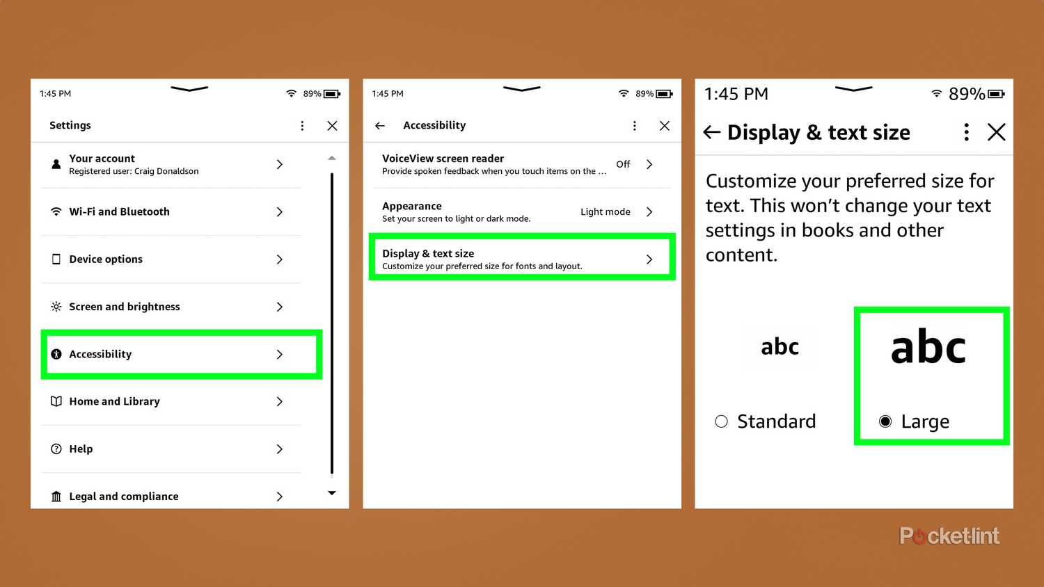 Kindle increase display and text size.