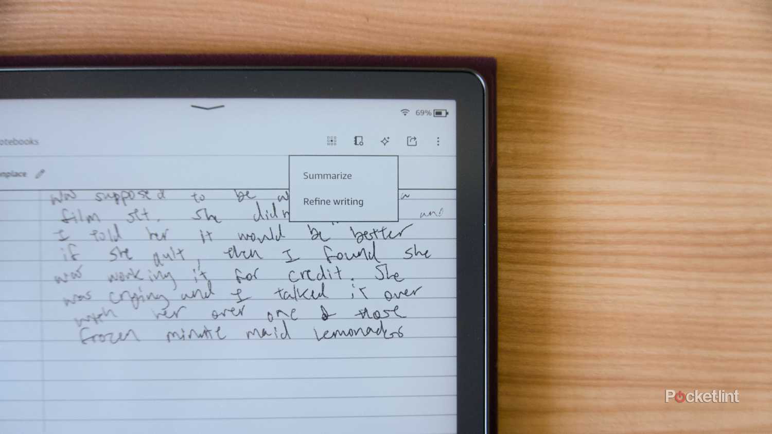 A Kindle Scribe displaying a dropdown menu of AI-powered features.