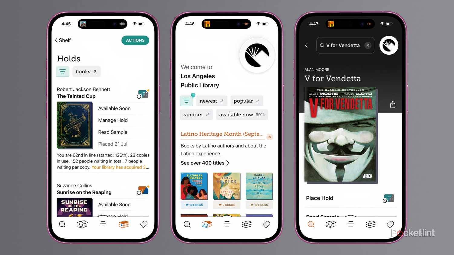 Three screenshots from Libby showing your holds, the library homepage, and an individual book.