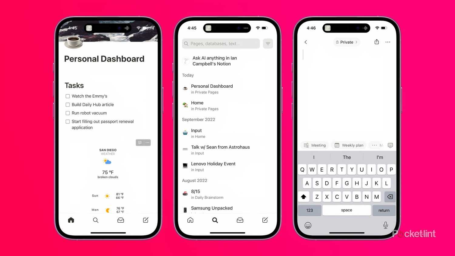 Three screenshots of the Notion app showing a custom personal dashboard, the search screen, and the interface for creating a new post.