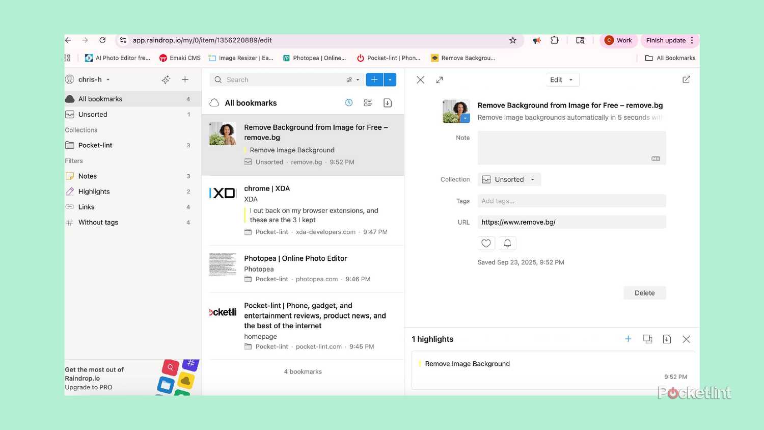 Raindrop editing bookmarks.