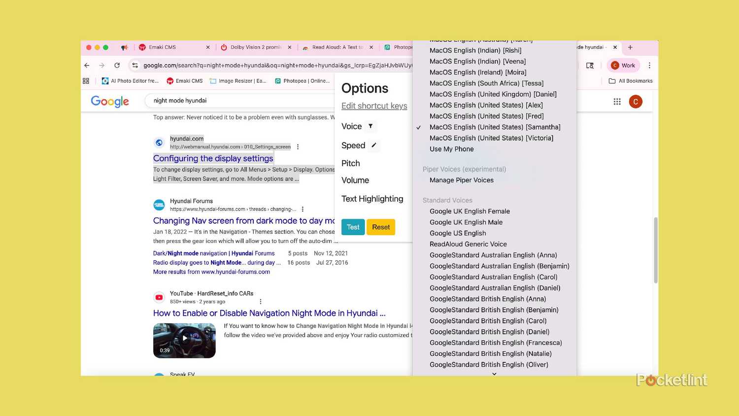Read Aloud language settings in Google Chrome.