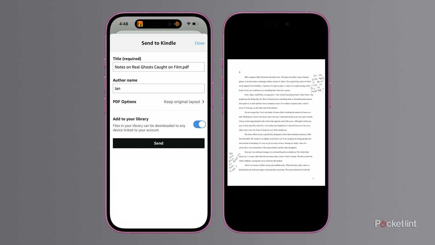 Two screenshots showing off the Send to Kindle menu that pops up when you share a file through the Kindle app.