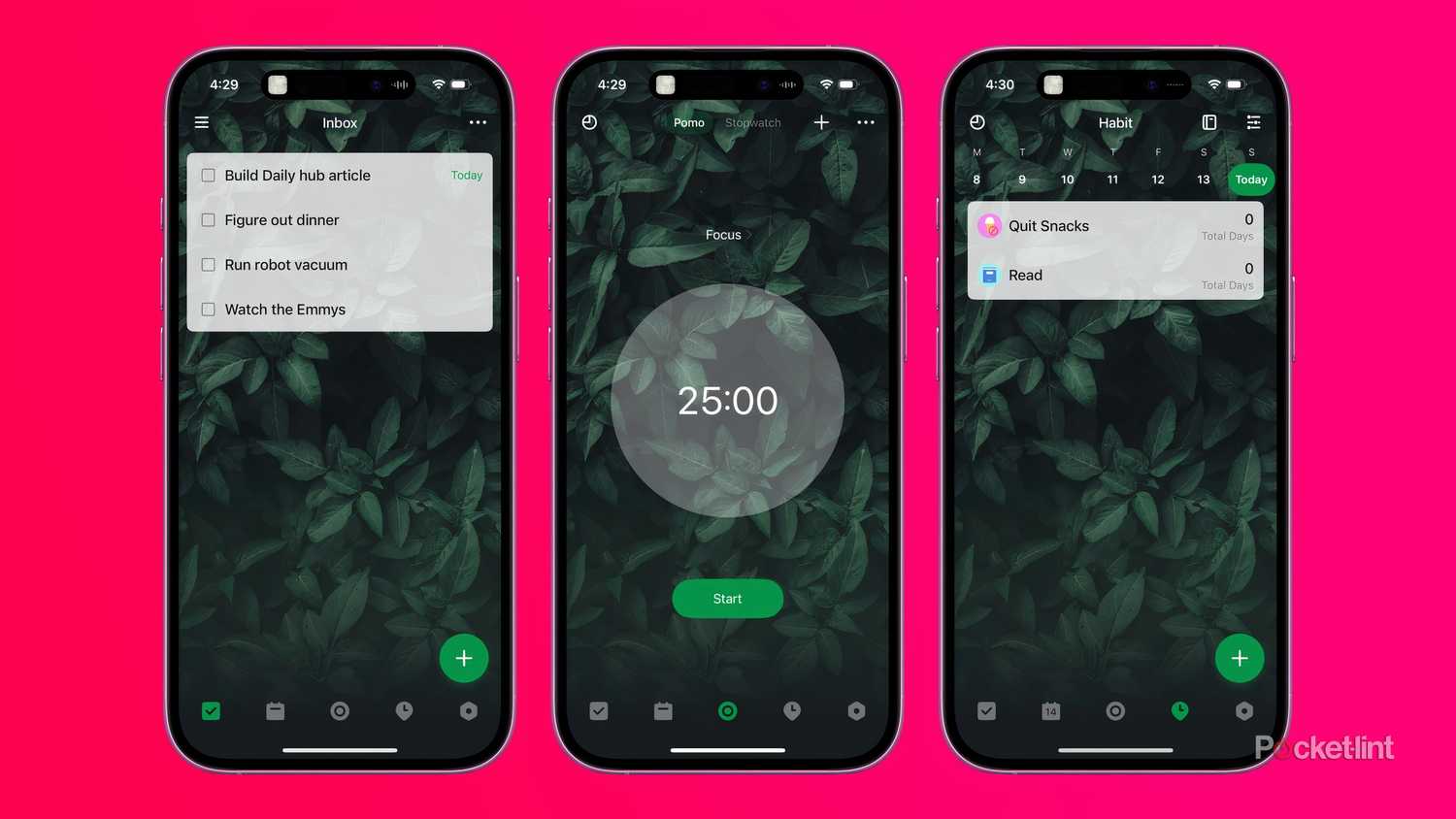 Three screenshots of the TickTick app showing an inbox of tasks, a Pomodoro timer, and a habit tracker.
