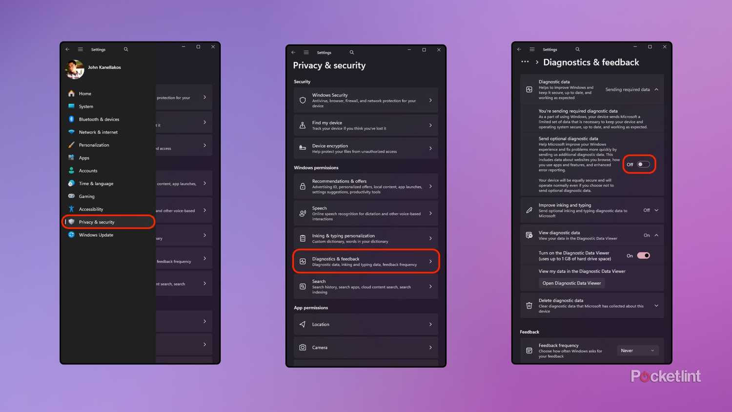 Windows 11 Diagnostics & feedback settings screenshots