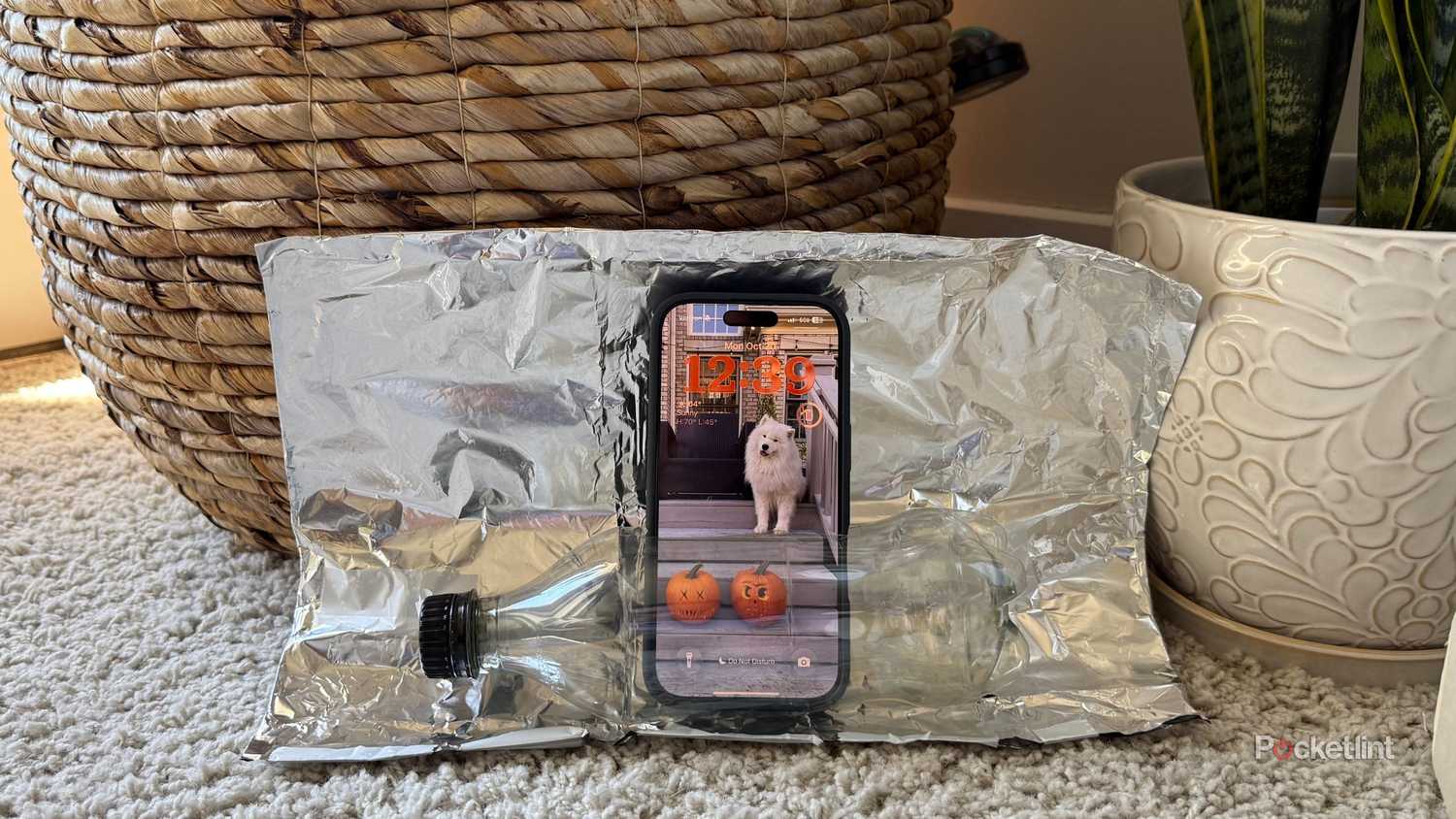 An iphone sitting in an aluminum amplifier.