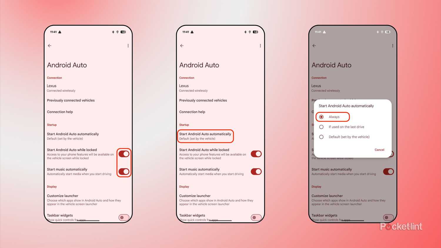 Android Auto adjust startup behaviors screenshots