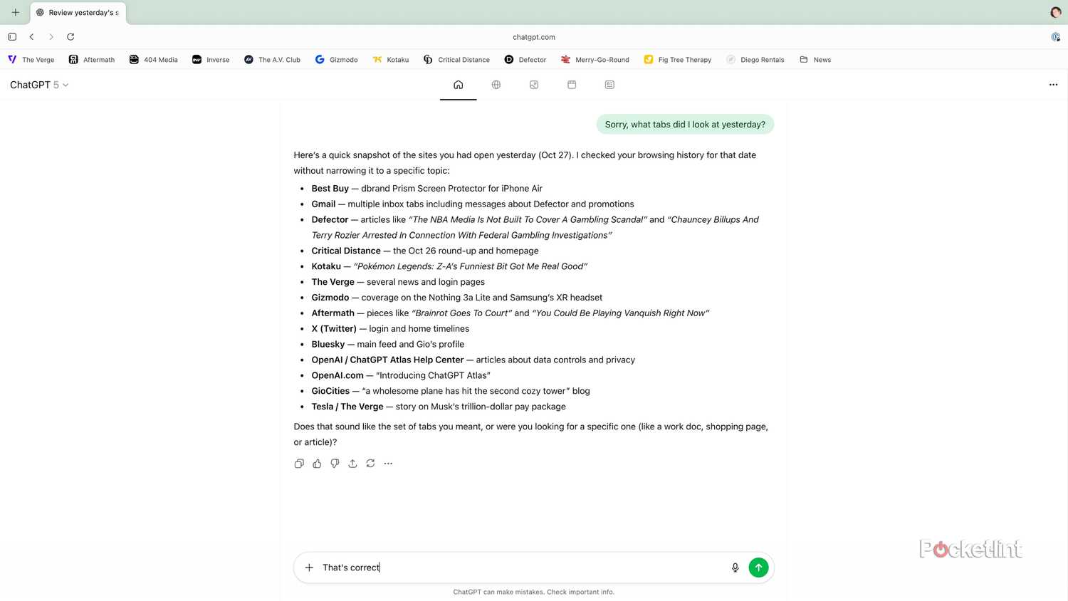 A list of tabs Atlas pulled from browser history.