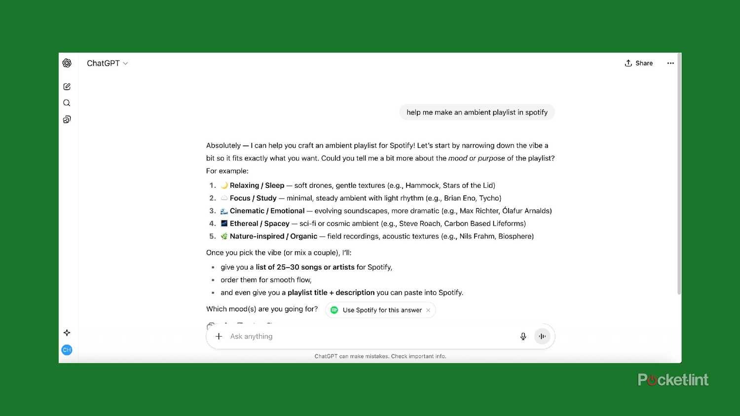 a prompt in chatgpt asking it to make a spotify playlist