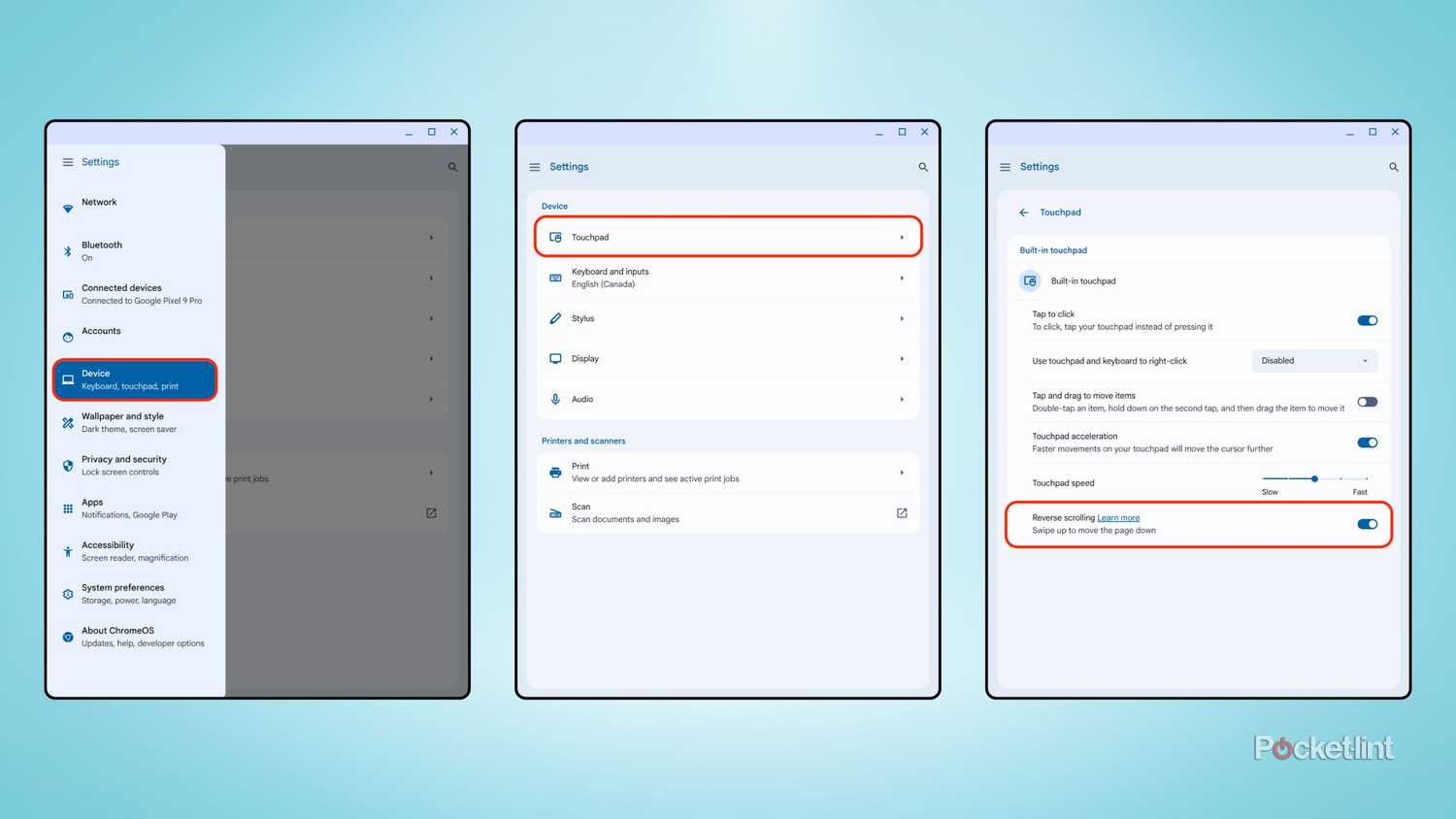 ChromeOS reverse scroll direction screenshots
