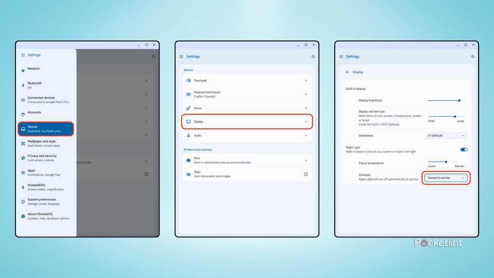 ChromeOS schedule Night Light screenshots