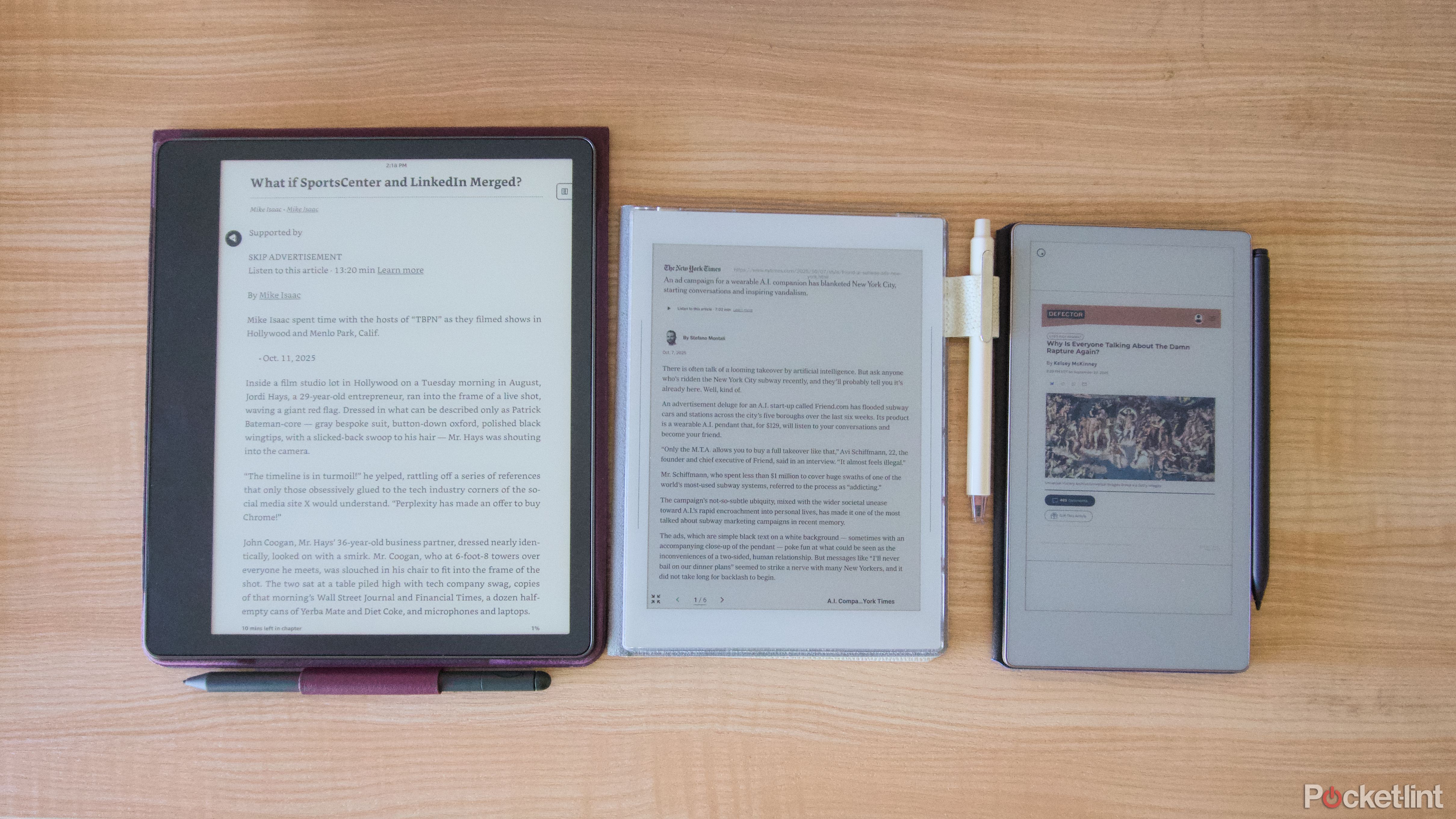 A Kindle Scribe, Supernote Nomad, and reMArkable Paper Pro Move displaying imported articles.