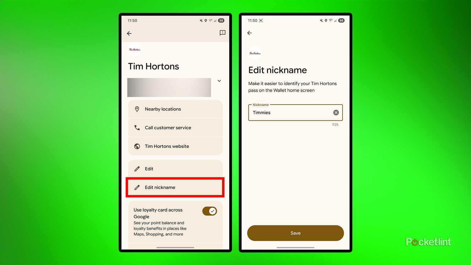 Google Wallet pass nickname.
