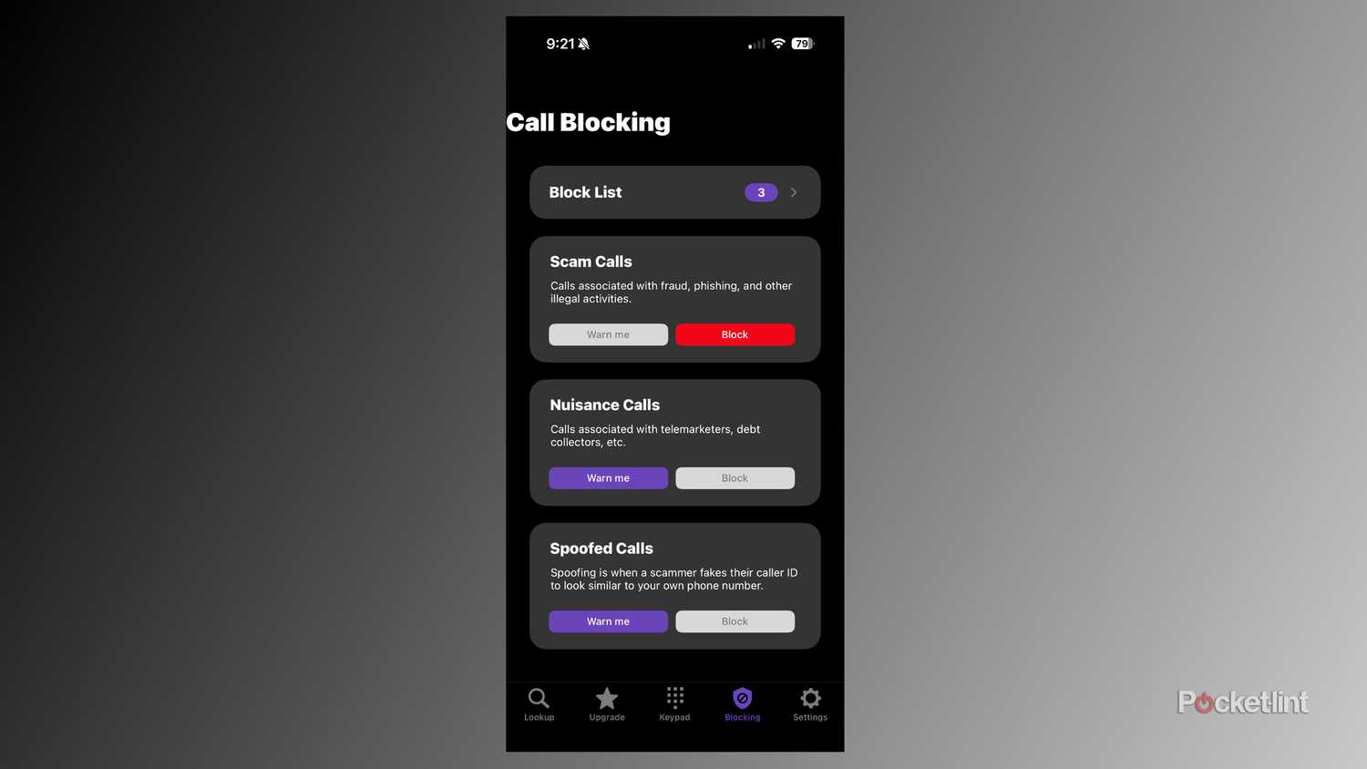 Call blocking options in Hiya for iPhone.