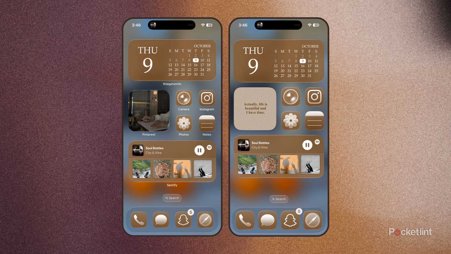 Two screenshots of an iPhone side by side showing app labels versus without. 