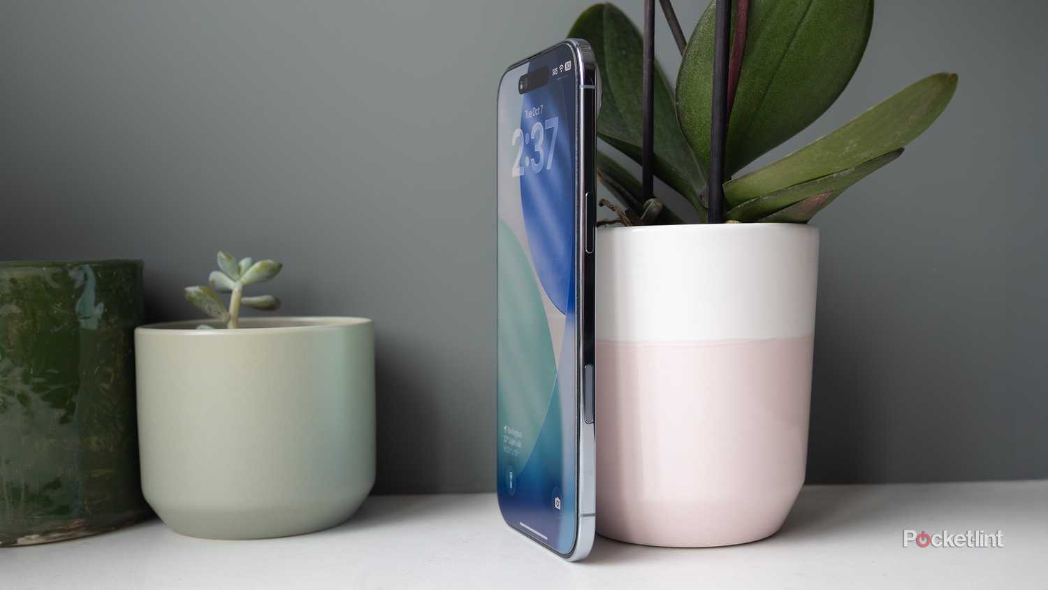 The iPhone Air sitting against a plant