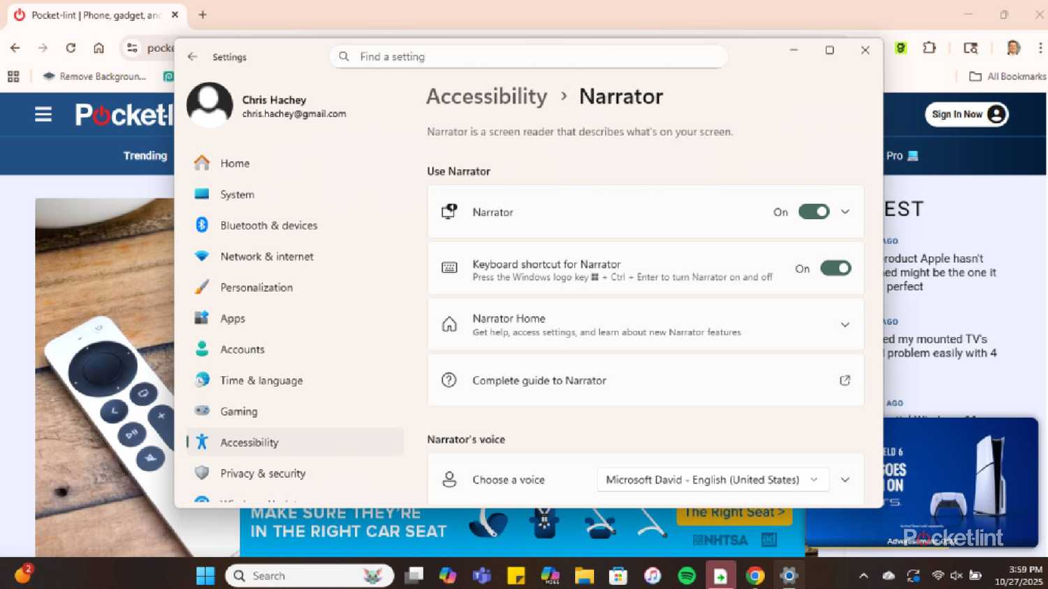 Accessibility menu in the Windows 11 settings for narrator.