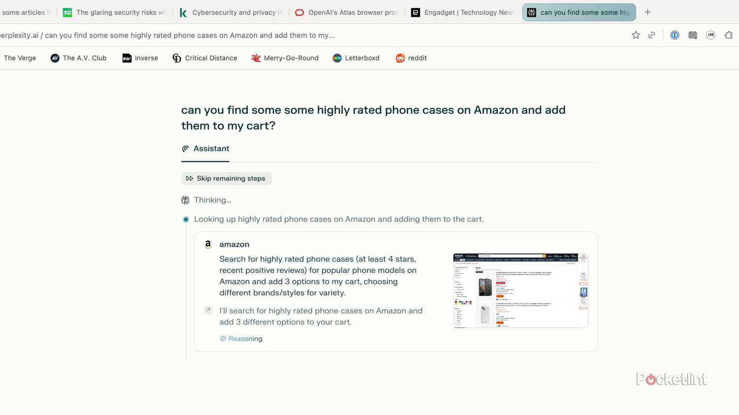 Perplexity Comet using an agent to navigate Amazon on its own.