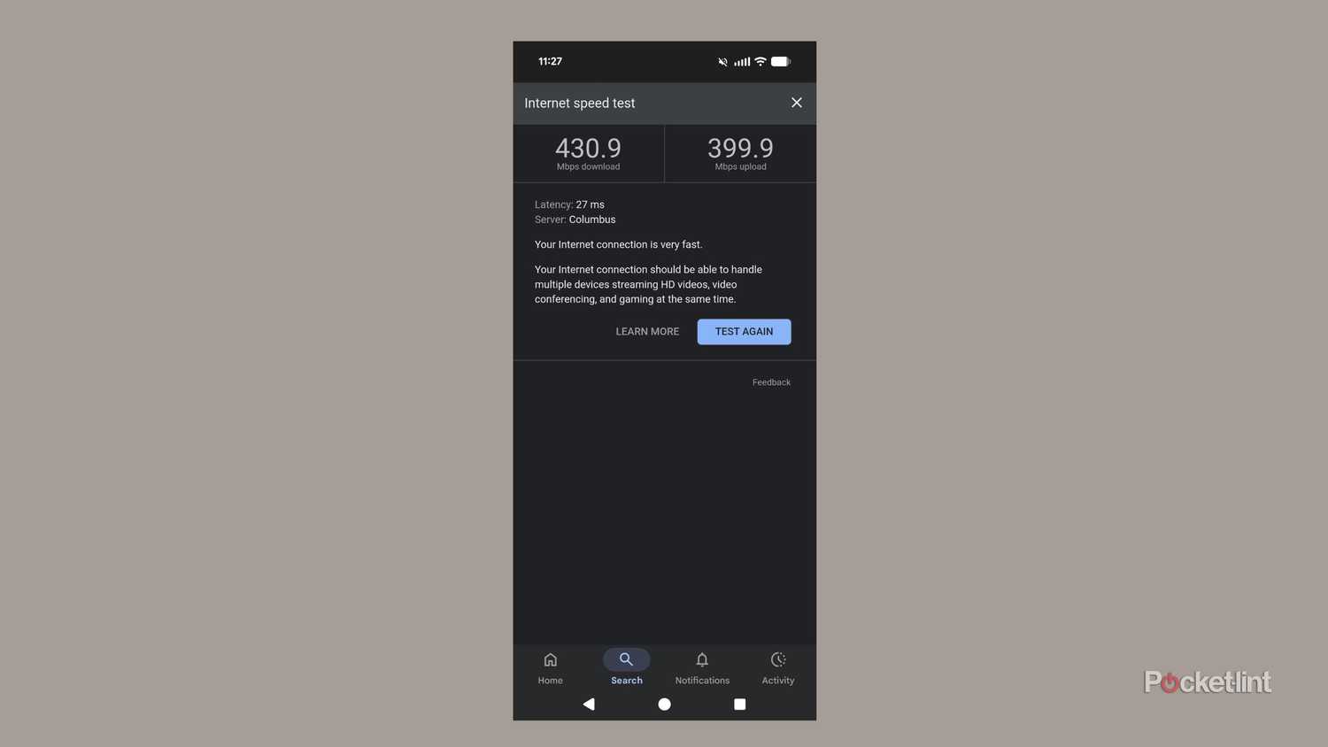 A screenshot of an internet speed test.