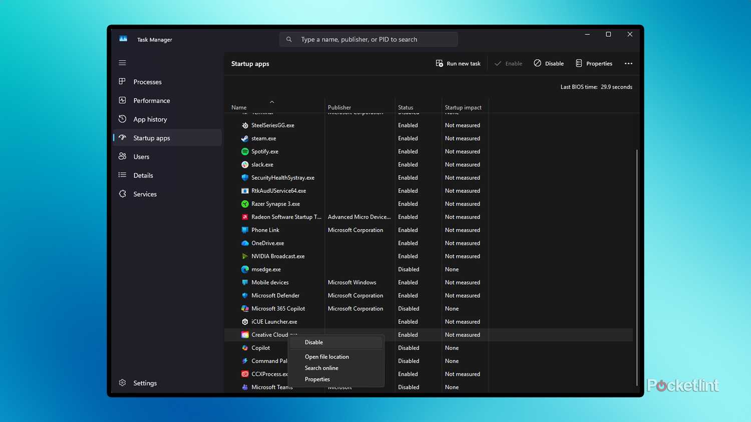 Task manager Startup apps.