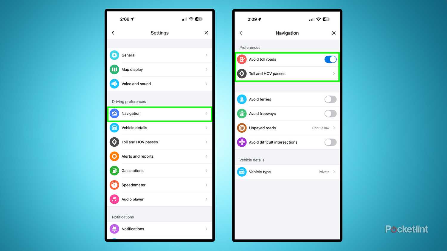 Waze toll settings.