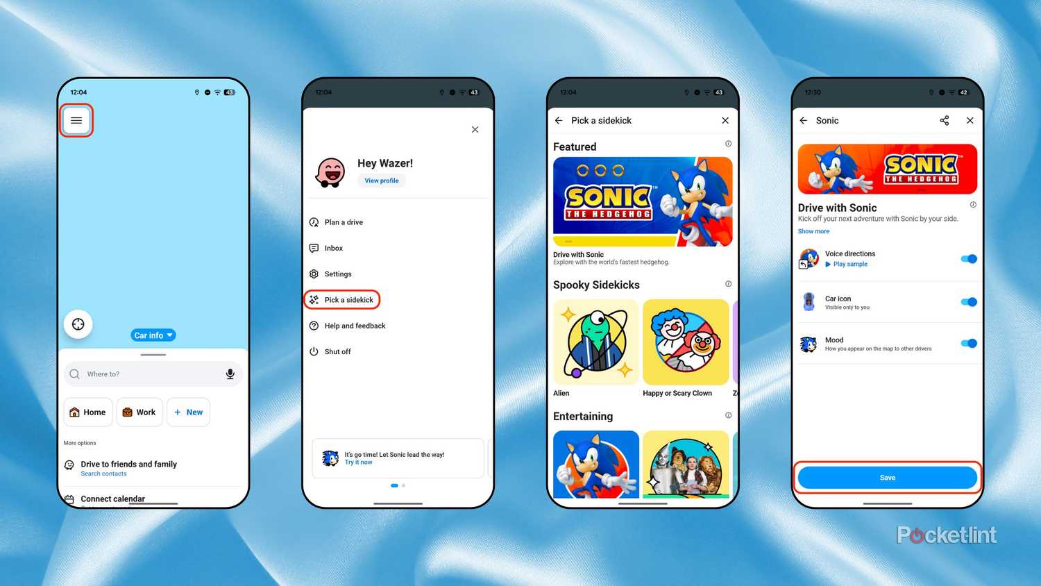 Waze sidekick selection screenshots