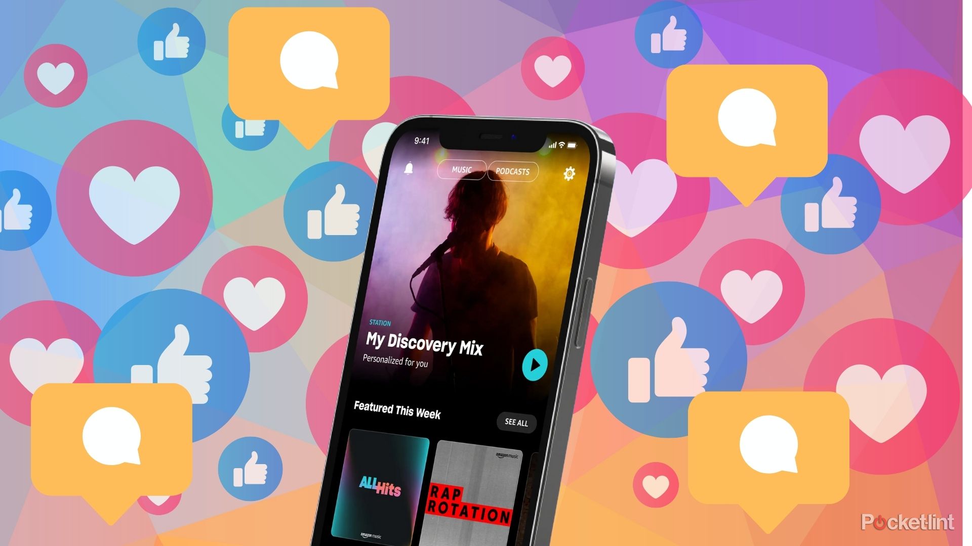 A phone with Amazon music on it surrounded by social media icons 