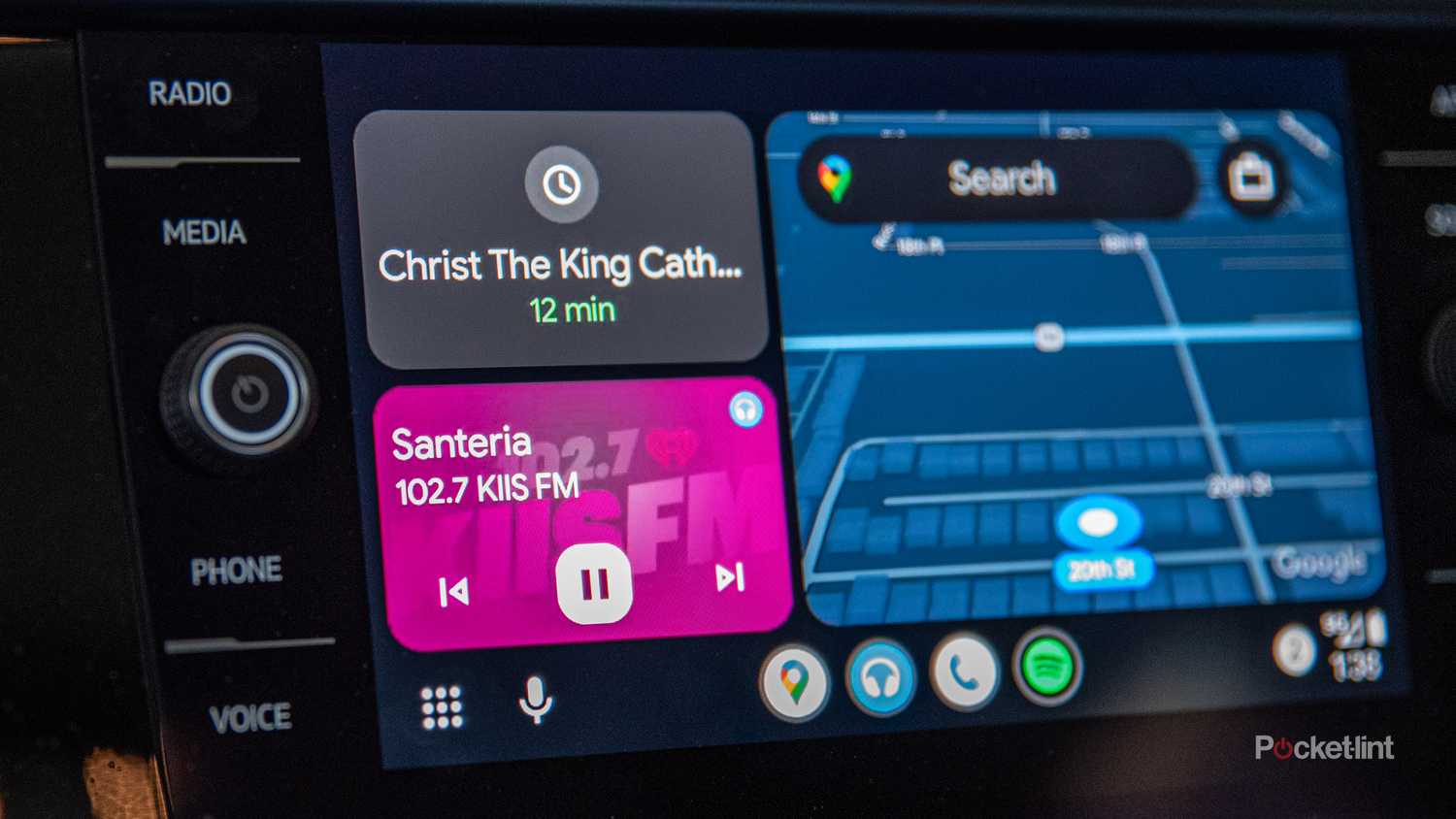 A still photo of the Android Auto home screen using the RadioTime app.