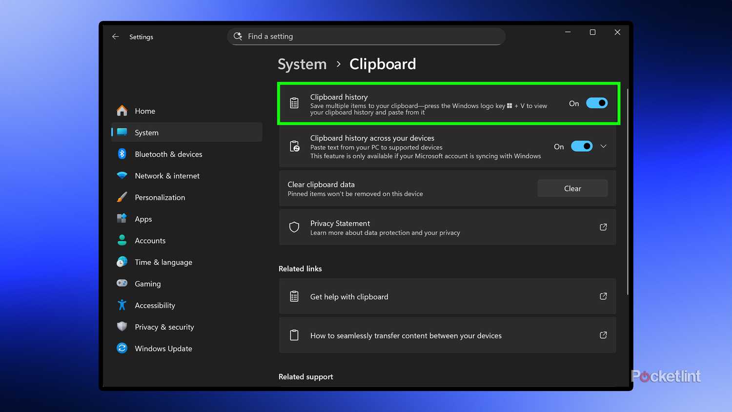 Windows 11 Clipboard history setting.