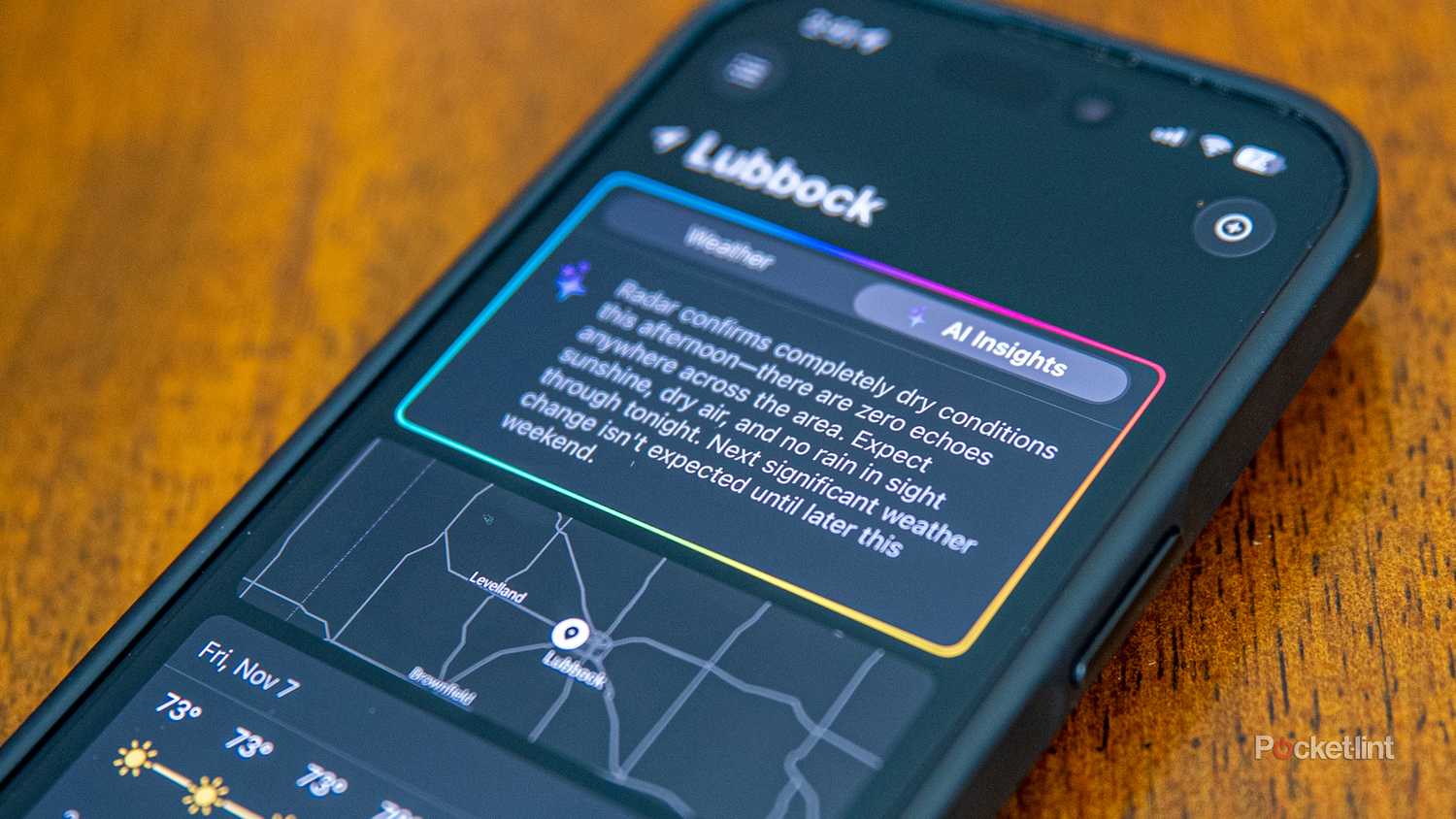 A still photo of Rain Viewer giving an AI summary of the weather forecast for a day.