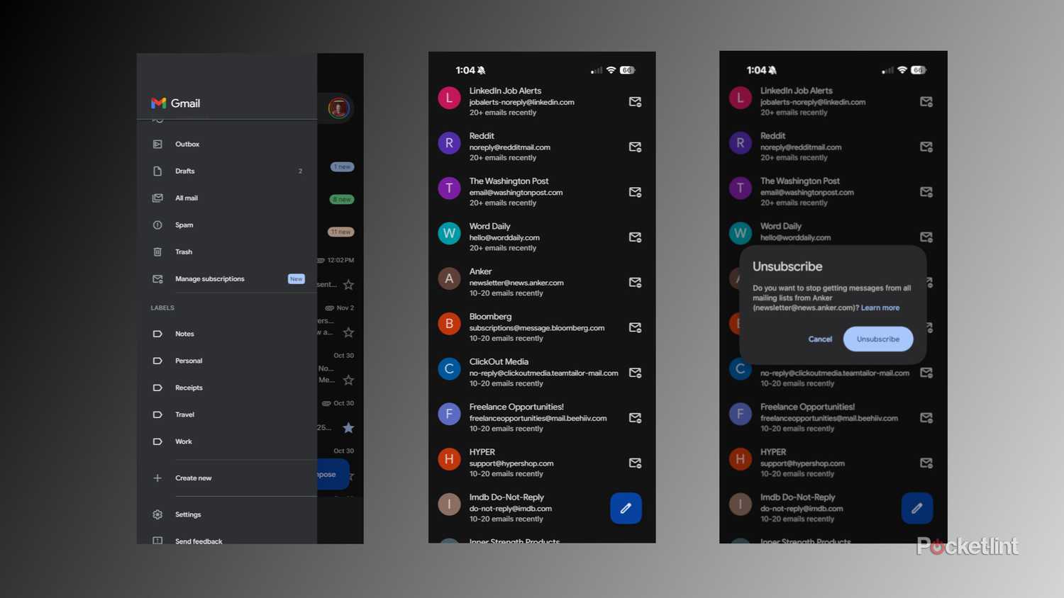 Managing subscriptions in Gmail for iPhone.