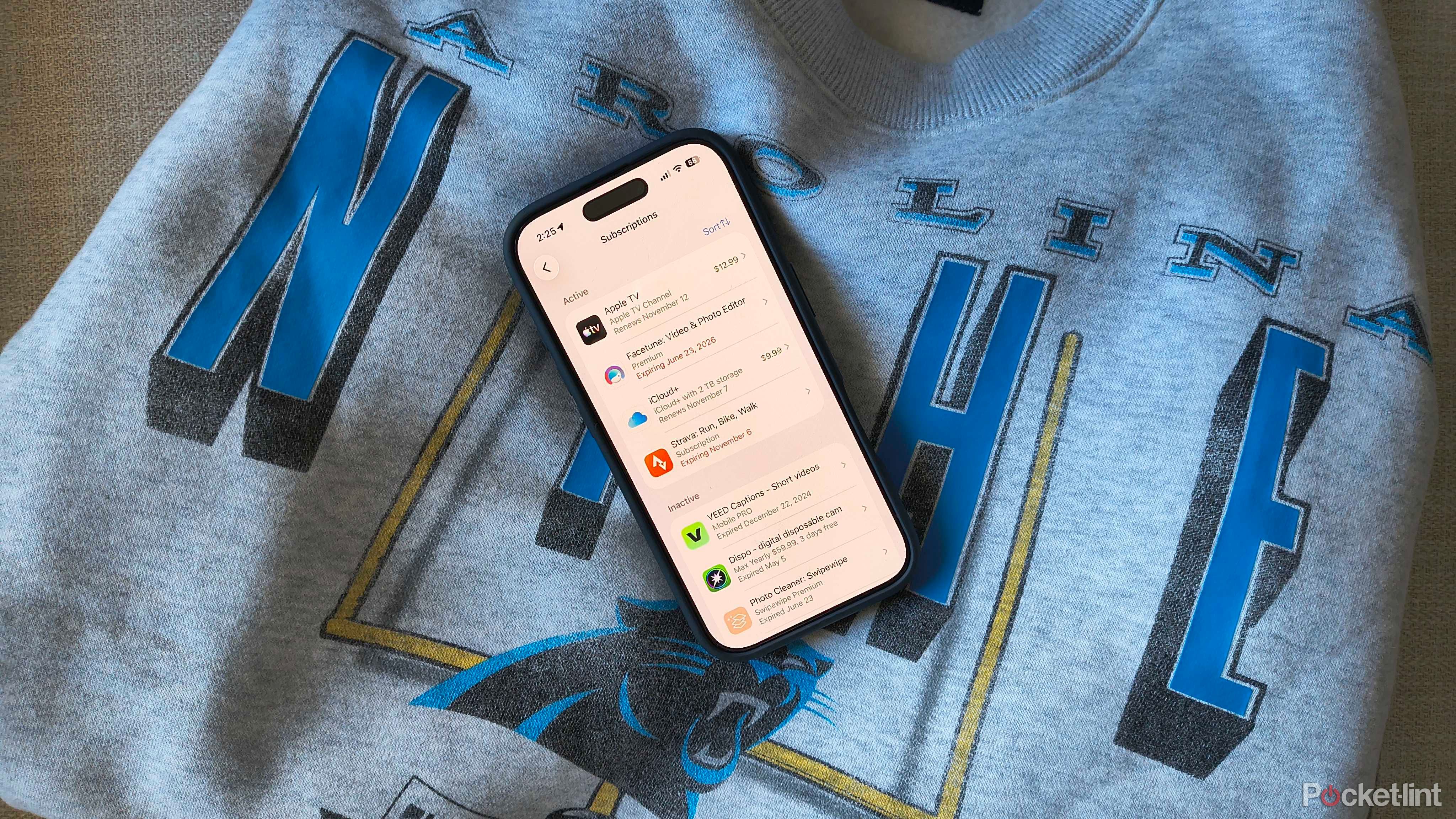 An iPhone 16 Pro showing an Apple Subscriptions page. 