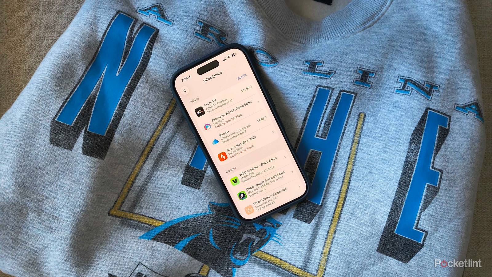 An iPhone 16 Pro showing an Apple Subscriptions page. 