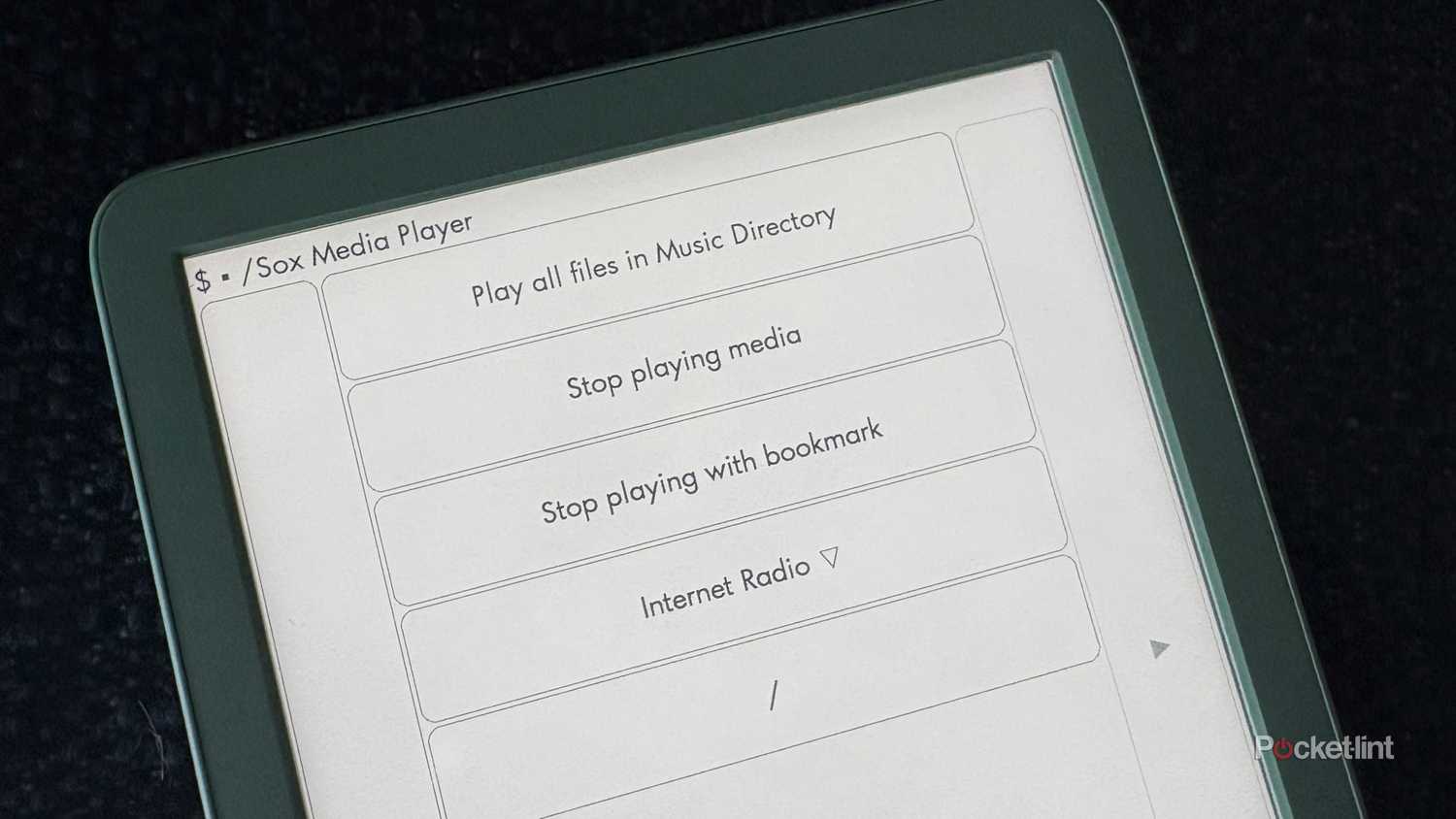 An image of the Sox media player running on a Kindle