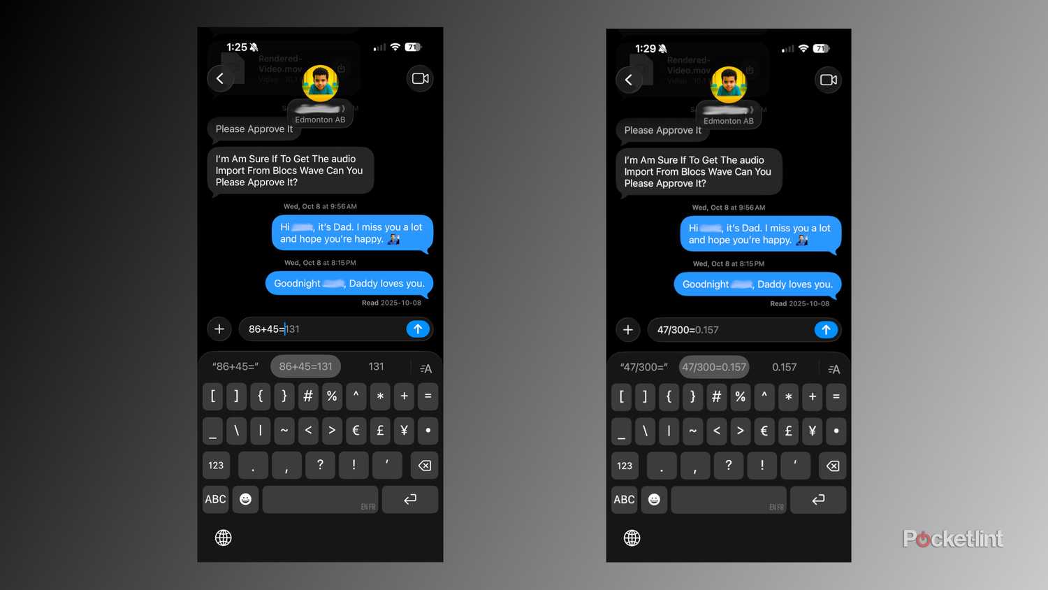 Doing basic math equations in Messages for iOS 26.