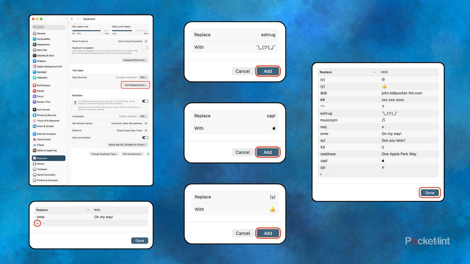 macOS 26 Text Replacements screenshots