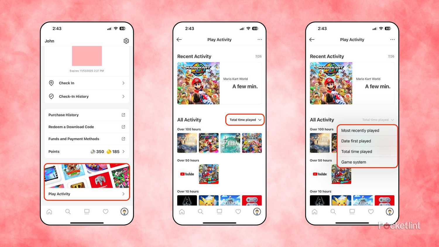 Nintendo Store play history screenshots