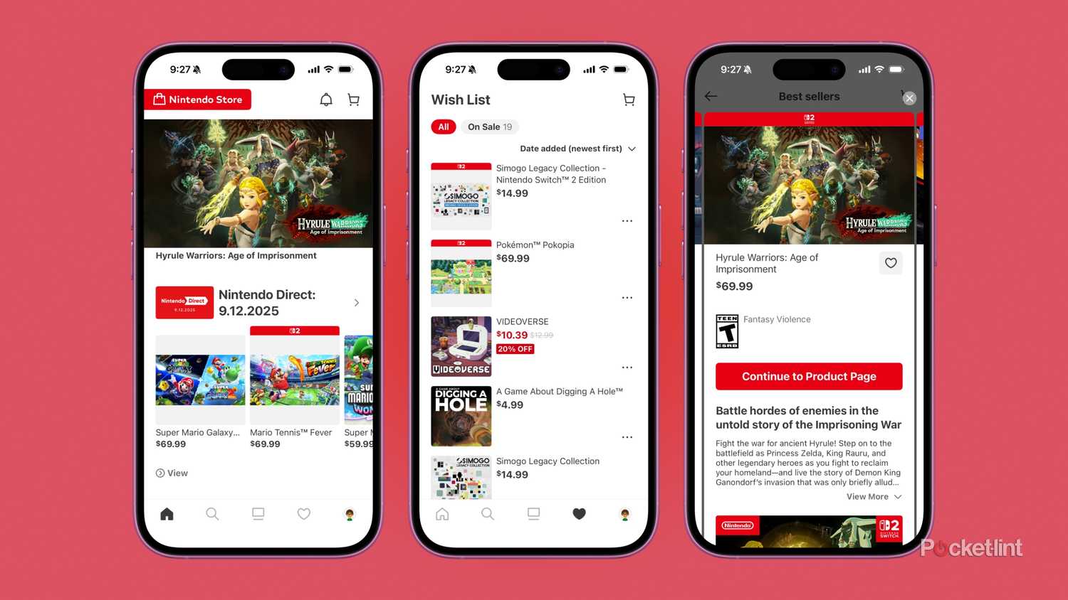 Three screenshots of the Nintendo Store app, showing the home page, the wishlist, and a page for a game.