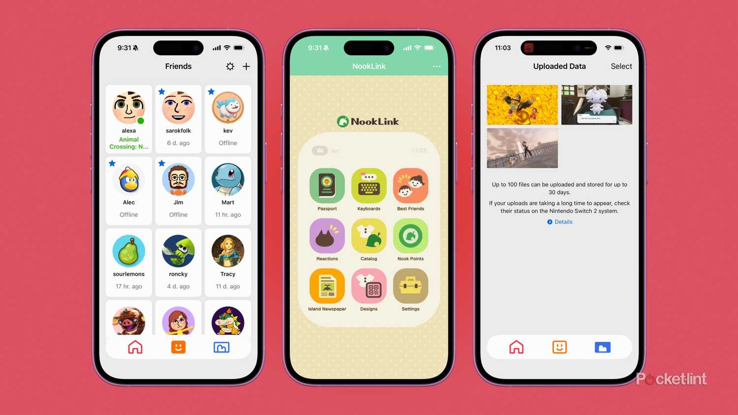 Three screenshots of the Nintendo Switch App showing the friends list, the Nook Link feature, and the screenshots page.